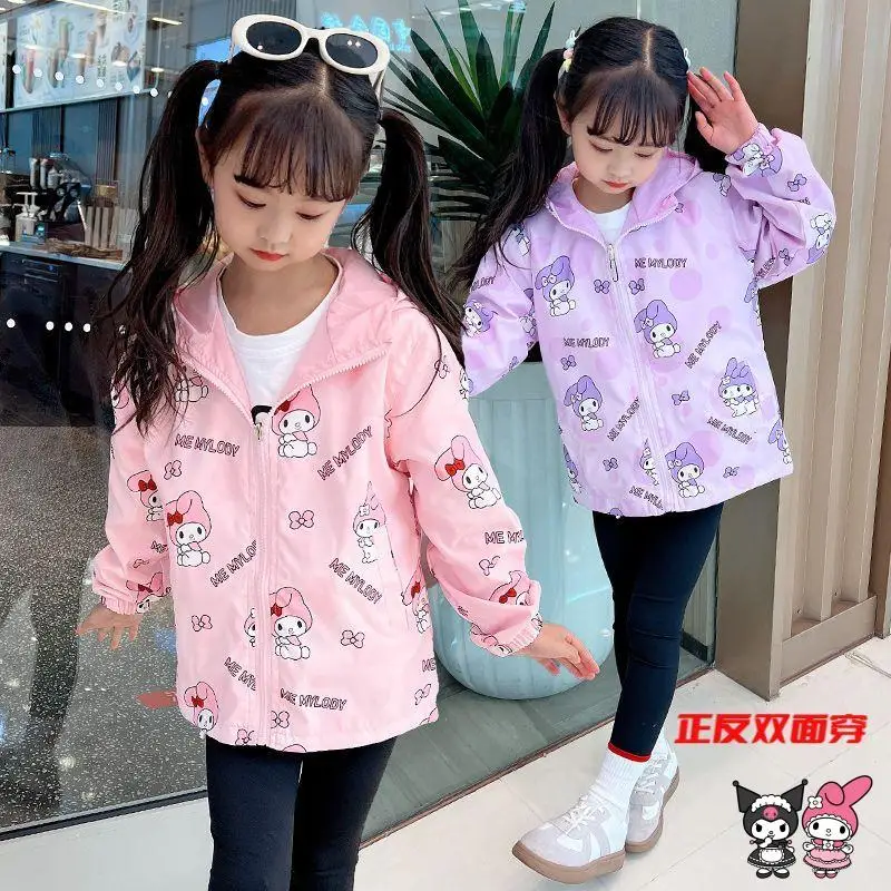 

Горячее пальто My Melody для девочек, кавайная модная весенне-осенняя повседневная студенческая двусторонняя одежда, детская уличная куртка, ветровка