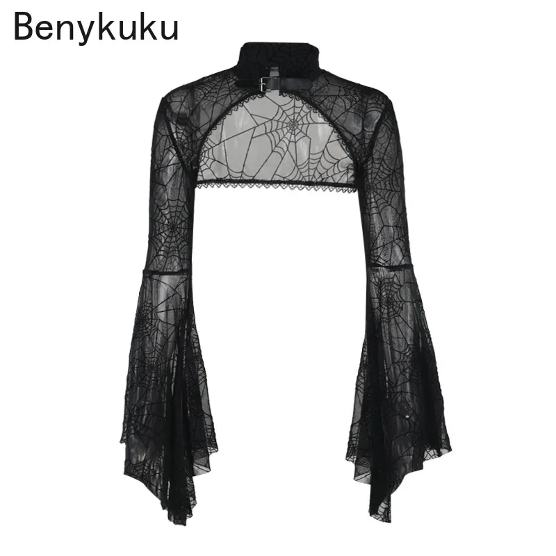 Gothic Grunge Flare Sleeve Vintage Punk Y2k Crop Top Women Halloween Goth Black Spider Web Lace See Through Shrug Tops Cover Up