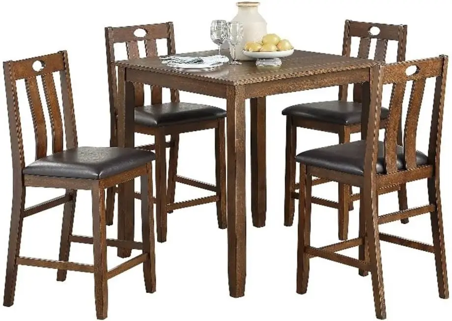 Pemberly Row Rustic 5 Piece Wooden Counter Height Bar Table Set With Faux Leather Upholstered Pub Chairs, Compact Farmhouse