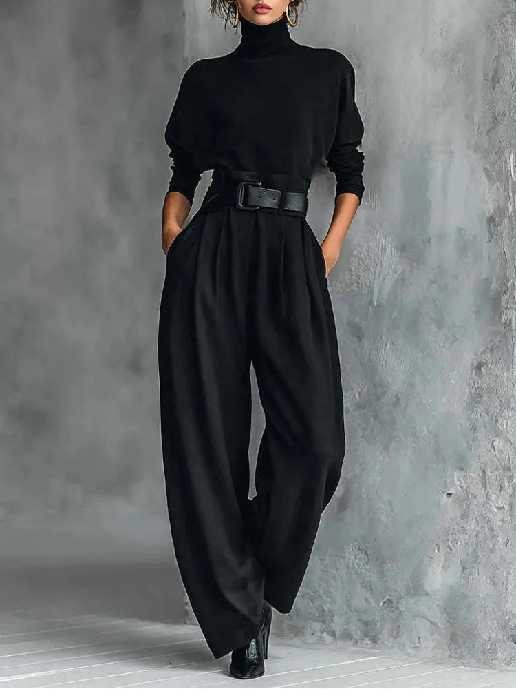 Casual Black Slim Commute Two Piece Sets Ladies Simple Pocket Pants Outfits Temperament High Collar Long Sleeve Tops&Pants Sets