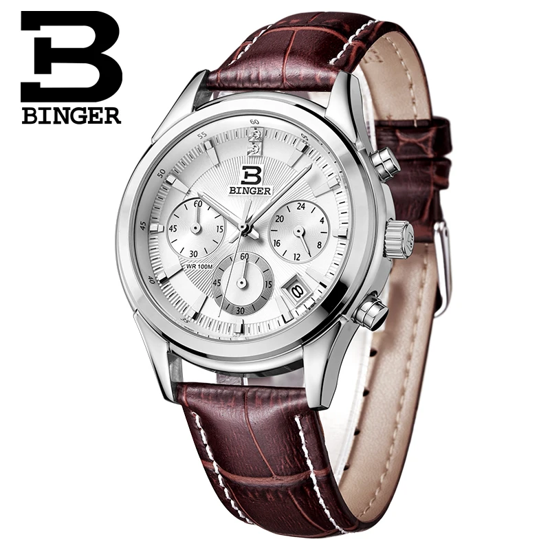 Switzerland Binger For Mens Watch Japan Miyota Quartz Wristwatch Coated Glass Rhinstone Date New часы мужские наручные кварцевые