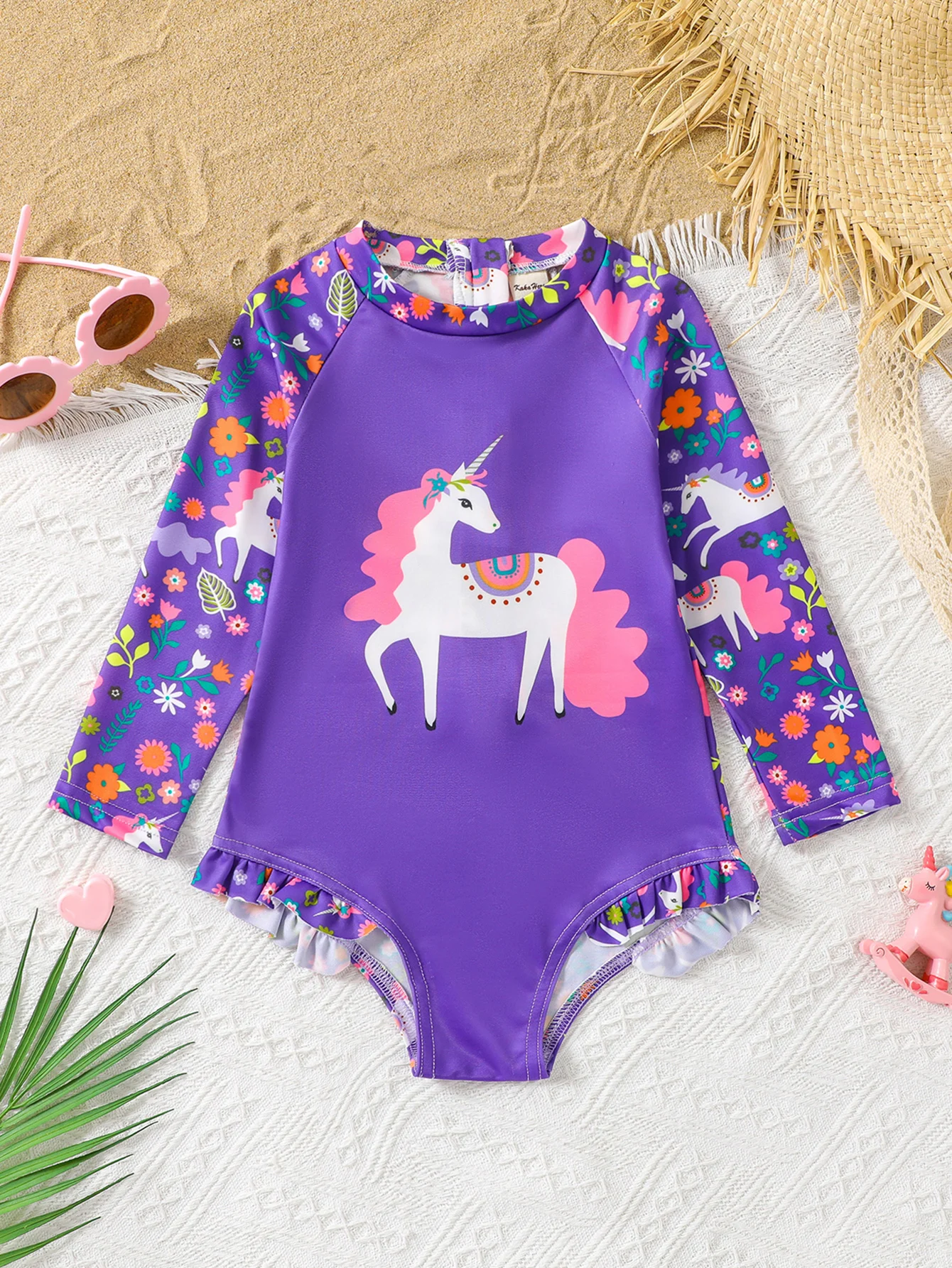 Girls Fashion One Piece Swimsuit Cute Cartoon Unicorn Full Print Long Sleeve High Elastic Vacation Beach Comfy Breathable Swimwe