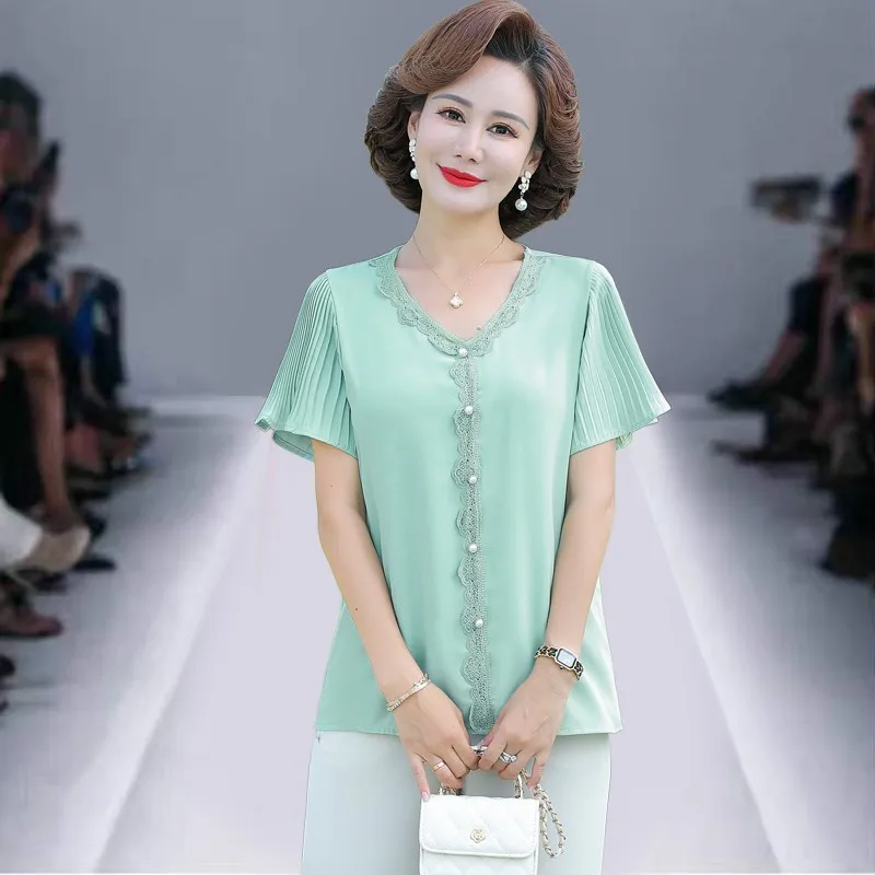 Summer New Fashion Solid Color Chiffon Shirt NEW V-Neck Short Sleeve Lace Pullover Shirt Korean Elegant Casual Blouse