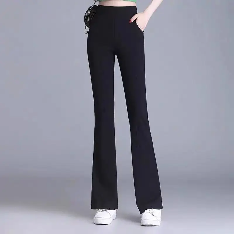 Autumn and Winter Women\'s Solid Colors Letter Elastic High Waist Fashion Slim Boot Cut Pants Pockets Classic Casual Commuter Tro