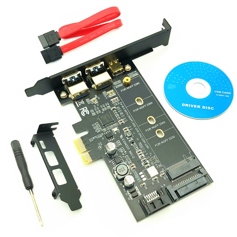 USB 3.0 PCI Express Riser Card Dual Port USB3.0 + 1 Port USB 3.1 Type-C + M.2 NGFF Adapter M2 SATA SSD B Key to PCI-E Controller