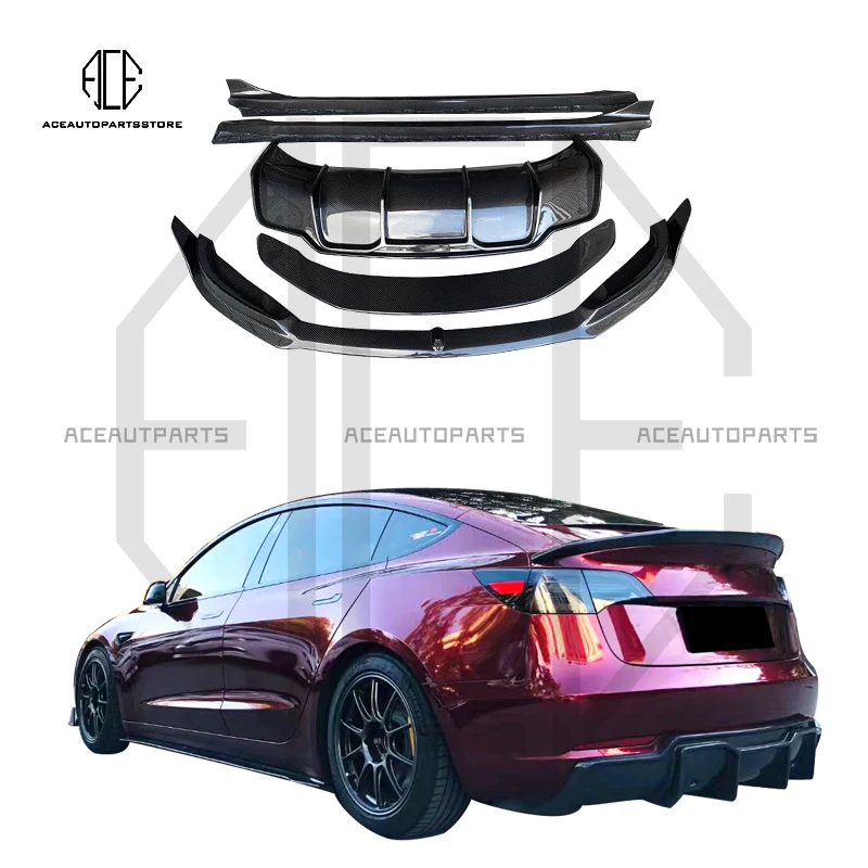 For Tesla Model 3 Fins V Style Rear Bumper Diffuser Lip  Back Bumper Guard Glossy Black Splitter Auto Body Kit Real Carbon