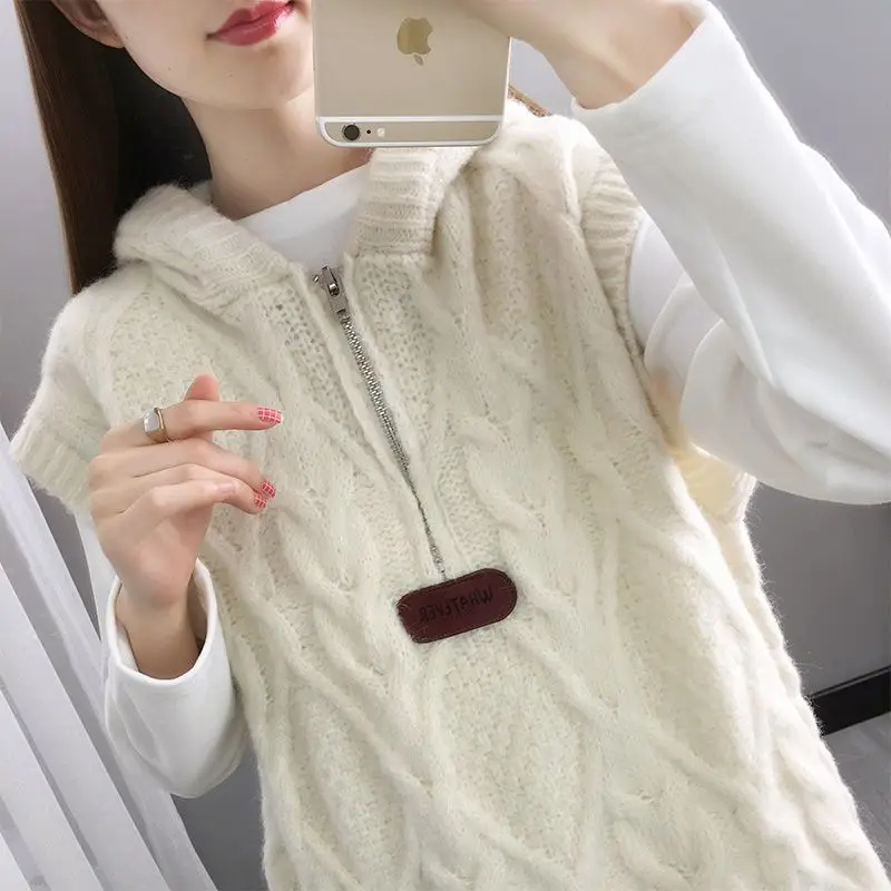 Red hooded knitted vest for women autumn and winter outer wear trendy sweater vest spring wear