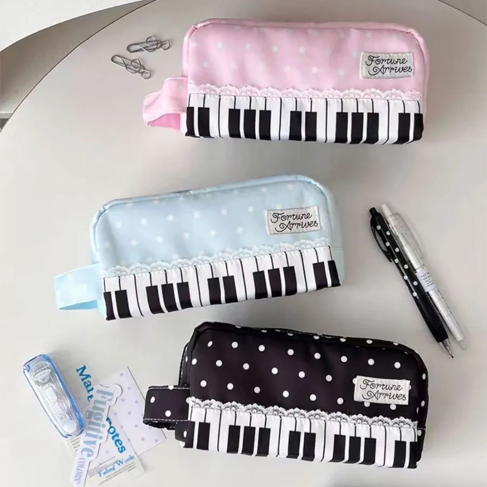 Durable Polka Dot Piano Key Print Pencil Case With Handle Large Capacity Pen Bag Stationery Pouch School Supplies