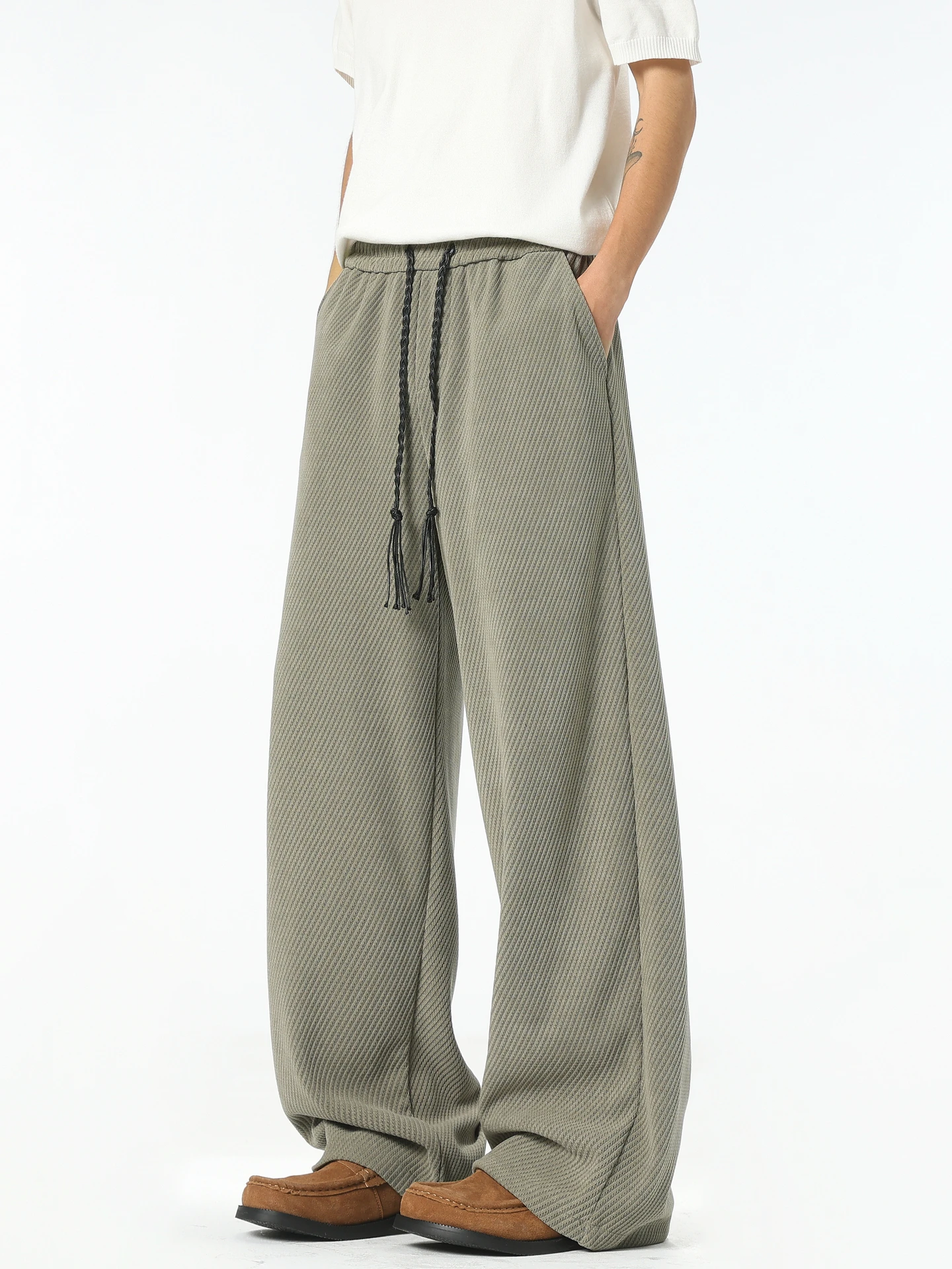 

Trendy Pure Color Dstring Elastic Casual Pants Men's Vintage Street Loose Wide Leg Versatile Sports Long Trousers