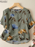 ZANZEA Vintage Floral Printing Cotton Blend T-Shirts 2025 Summer O-Neck Half Sleeve Blouses Day Wear Casual Lightweight Tees