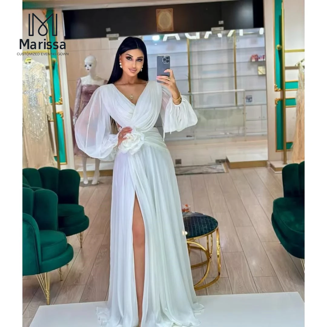 

Marissa, выполненное на заказ женское платье для выпускного вечера, 2025, шифоновое роскошное женское вечернее платье, женское элегантное трапециевидное платье с разрезом по бокам и v-образным вырезом, длинное