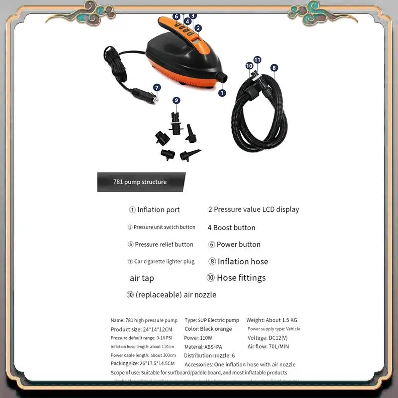 

Durable Paddle Electric Inflator 12V Vehicle High-Pressure Pump Surfboard Kayak Boat Inflatable Tent Inflation.