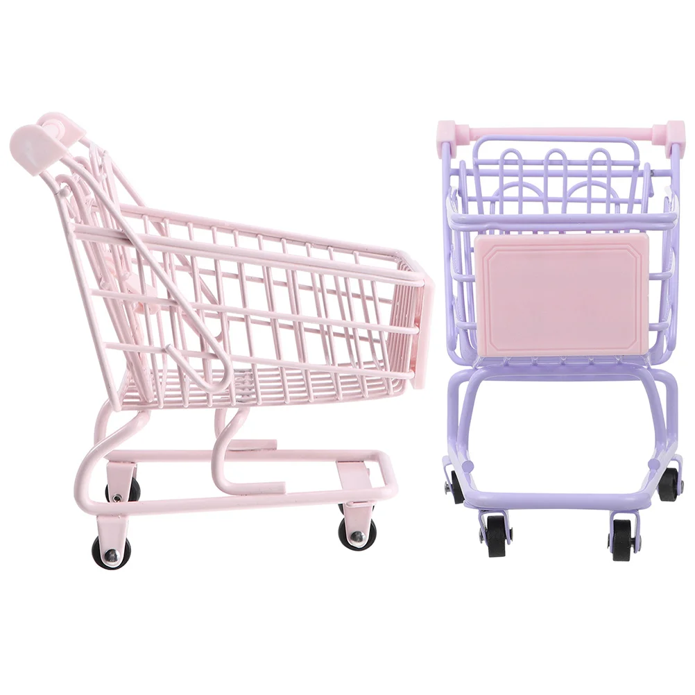 

2Pcs Mini Shopping Cart Trolley Small Supermarket Cart Pink Purple Desk Decor Storage ganizer Laboratory Truck