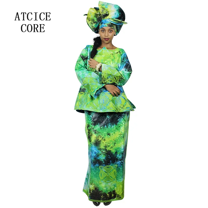 African Dresses For Woman Bazin Riche Embroidery Design Printed Material Top With Wrapper Three Pcs