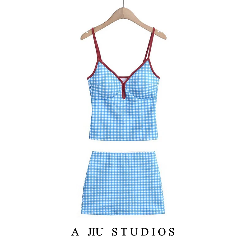

Dopne Sexy Low Cut V Ne ort Top Women Summer Color Blo Plaid Tank Top f Юбка Комплект из двух предметов Faionable Casual Ou...