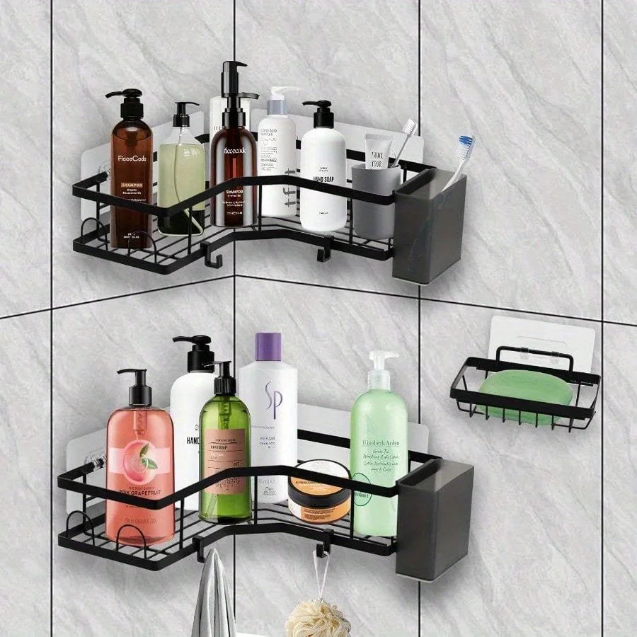 5pcs/set Adhesive Corner Shower Caddy No Drilling Stainless Steel Shower Organizer with Hooks Toothpaste Holders Rustproof Bathroom Storage