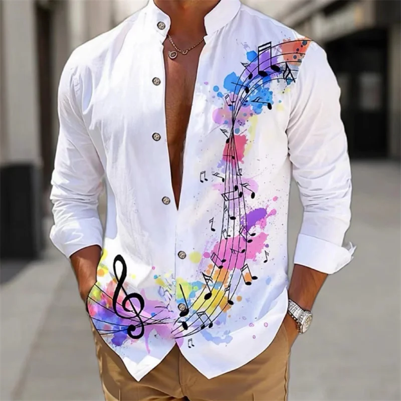 Men\'s shirt long-sleeved fashion cardigan music notes shirt Hawaiian 3D printed shirt XS-6XL super large size shirt comfortable