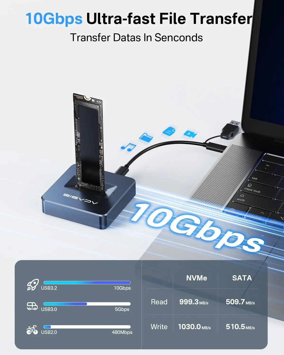 Acasis NVME SSD Enclosure M.2 NVMe & SATA to USB C/A Docking Station10 Gbps Aluminium Supports M.2 NVMe SATA SSD M Key & B+M Key