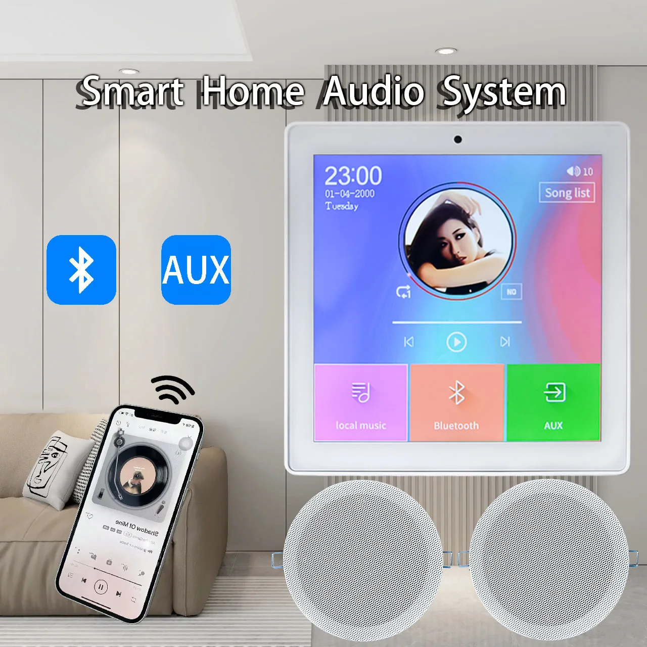 

4inch Mini Smart Home Audio System Touch Screen Wireless Bluetooth Music Player FM Radio USB Ceiling Speaker In Wall Amplifier