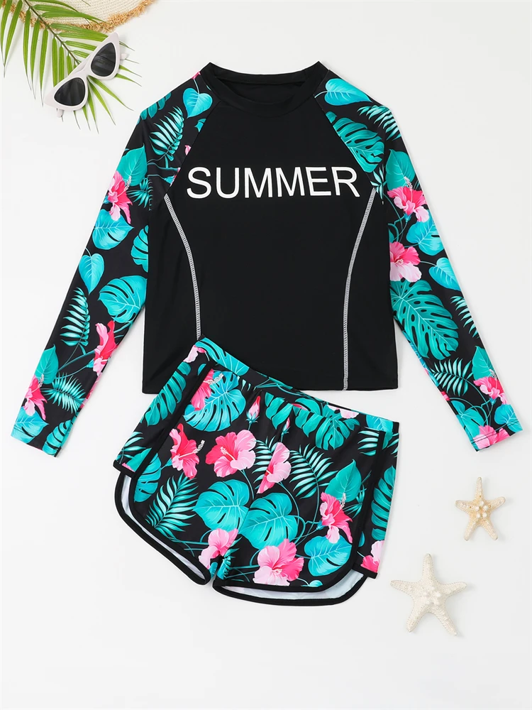 Girls Kids Swimsuit 2024 New Solid Print Long Sleeves Children Swimwear Summer Two Piece Shorts Beach Wear Bathing Suit Swimming