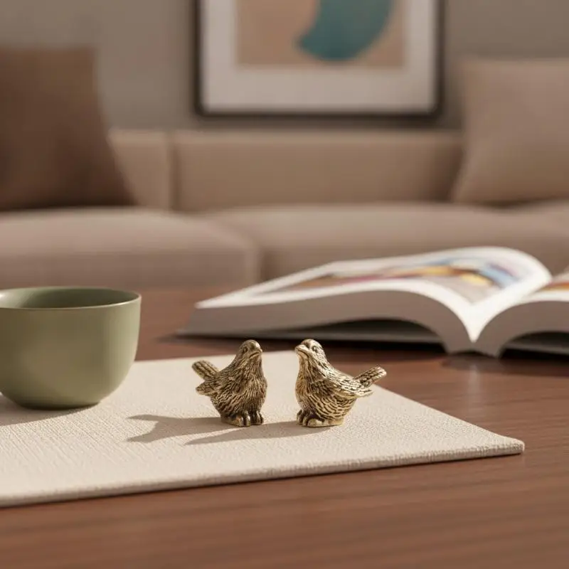 Mini Brass Sparrow Tea Pet Solid Metal Bird Figurine Decor for Home Study Office Patio Outdoor Table Collection Gift