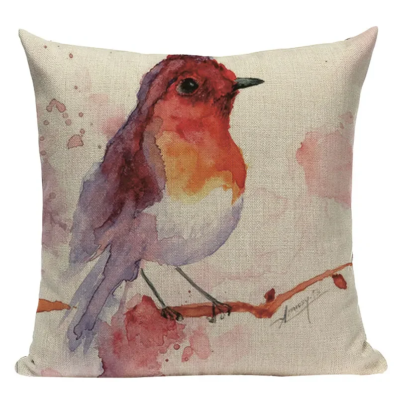 Cotton Linen Decorative Sofa Covers Watercolor Plant Bird Lumbar Pillow Covers Cushion Cover Home Decoration Pillowcase 45X45CM