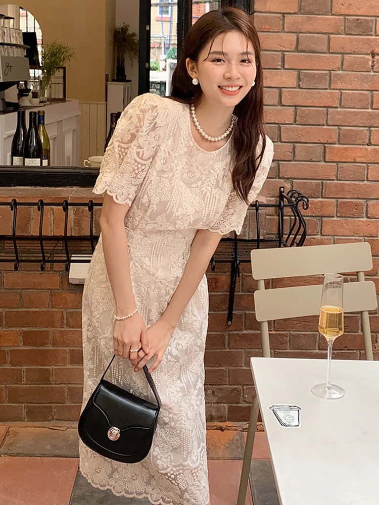 Elegant Kawaii ชุดยาวผู้หญิงสวย Retro SHEER ลูกไม้เย็บปักถักร้อยแขนฟองผ้าพันคอ MIDI Robe วันที่ Vestidos วันหยุดเสื้อผ้า
