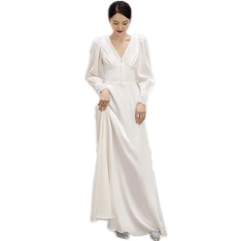 Long SleevesvSimple Collar Travel Photography White Slimming Korean Style Bride Wedding Reception Lace Dress