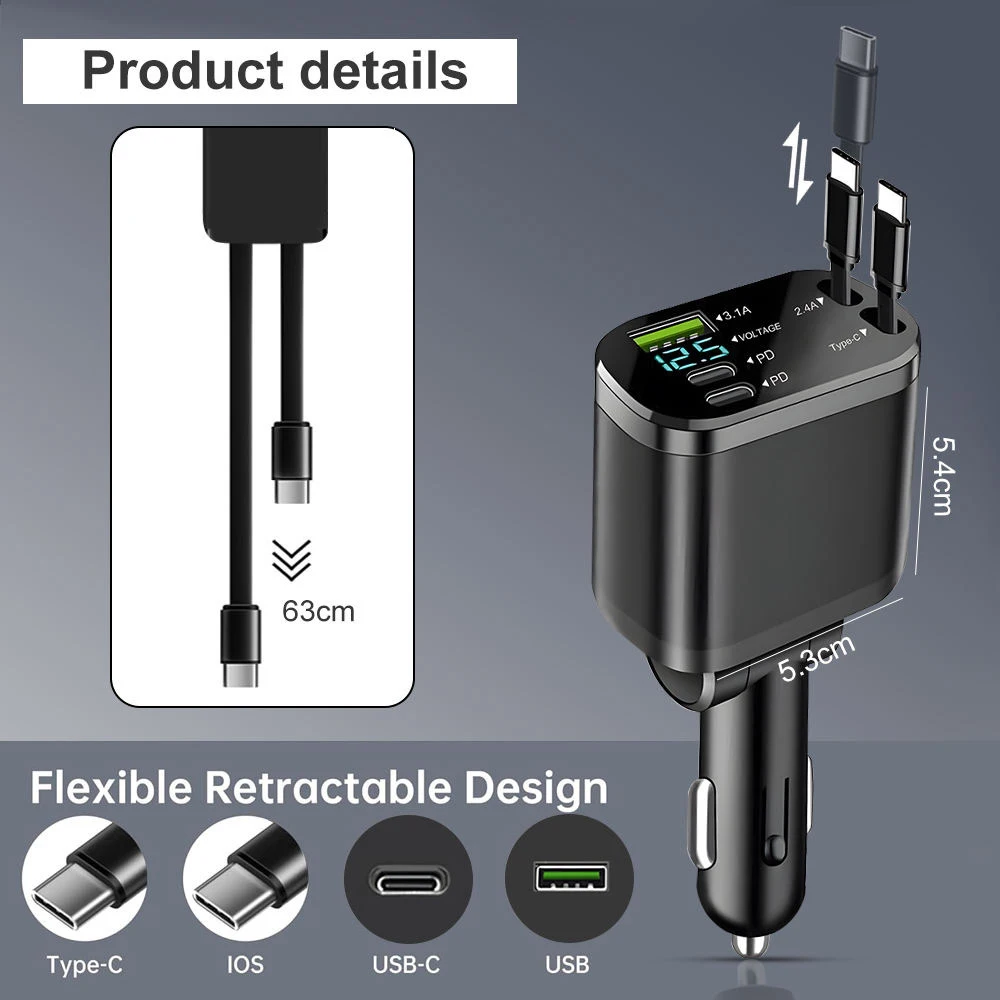 5 IN 1 Retractable Car Charger Mobile Phone USB PD 30W Type C Cable For iPhone Fast Charge Cord Cigarette Lighter QC/PD Adapter