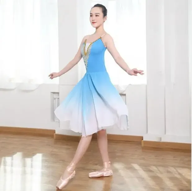 ロング大人女性子供バレエチュチュドレスグラデーションモダンダンス衣装パフォーマンスバレリーナシフォンバレエドレス