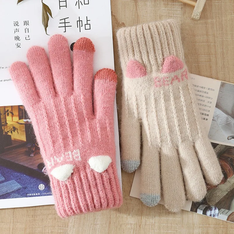 1 Pair Autumn Winter Thicken Warm Gloves Women Touch Screen Knitted Gloves Adult Imitation Cashmere Female Stretch Finger Mitten