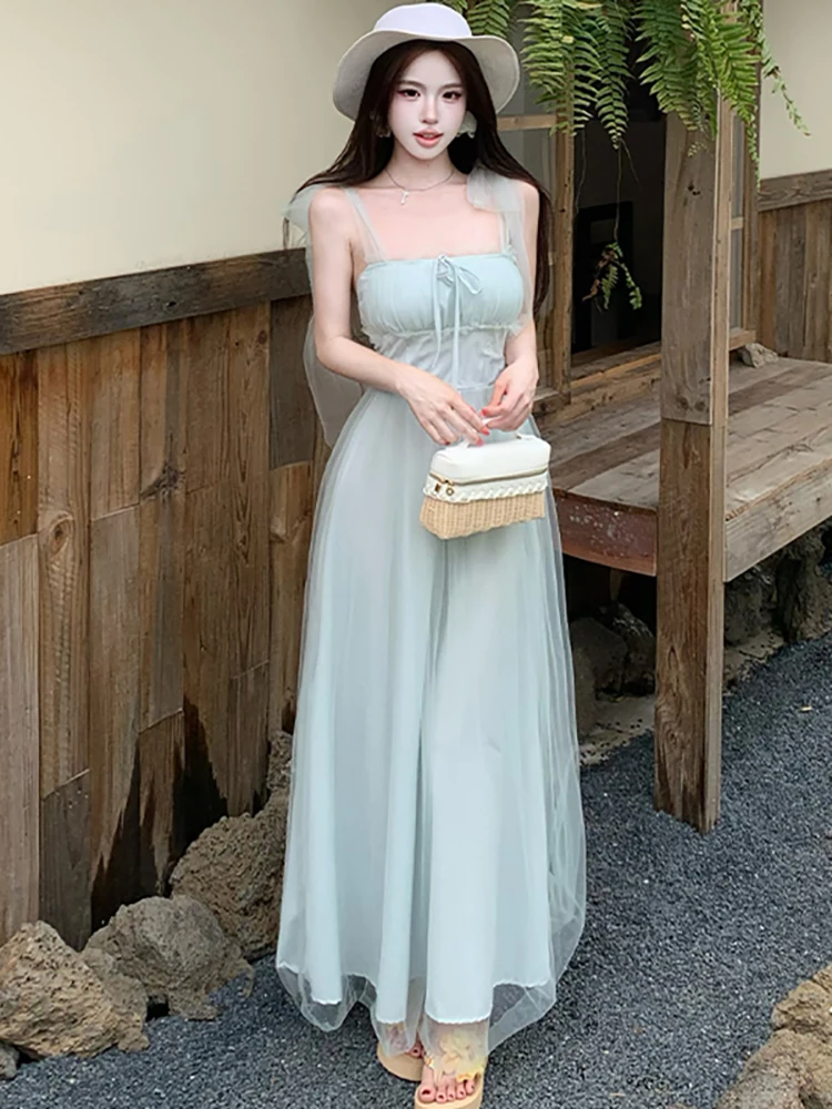 

Summer Green Mesh Chic Bow Sling Long Dress Women Korean Fashion Bodycon Holiday Dress 2026 Elegant Luxury Party Evening Dresses