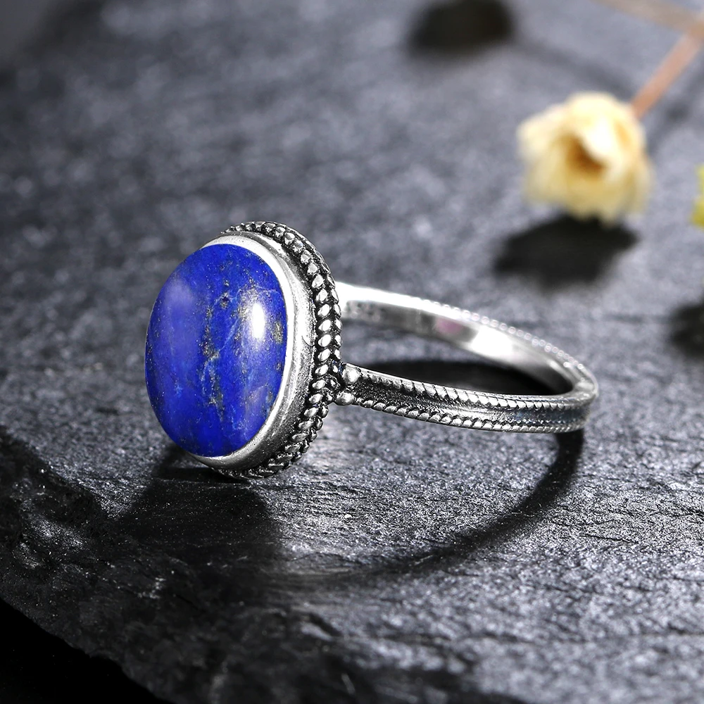 Vintage Simple Oval Natural Lapis Lazuli Rose Quartz Ring 925 Silver Fine Jewelry Party Wedding Party Gift Jewelry