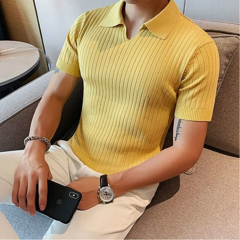 Korean Business Casual Summer New Ice Silk Men\'s Short Sleeved Polo Shirt Lapel Solid Jacquard Stripe Screw Thread Slim Thin Top