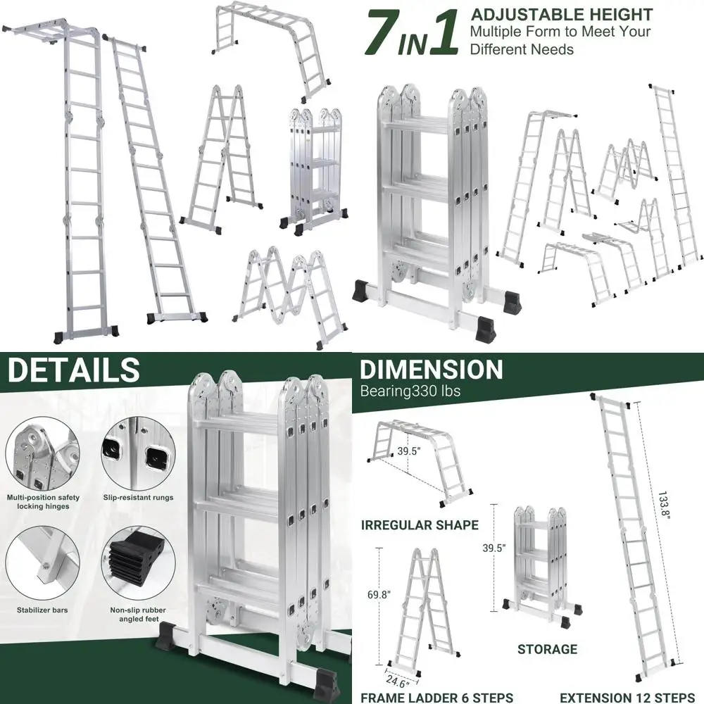 

aluminum 7-in-1 folding step ladder - 330 lbs capacity, 12.5 ft extension, multi-purpose lightweight scaffold