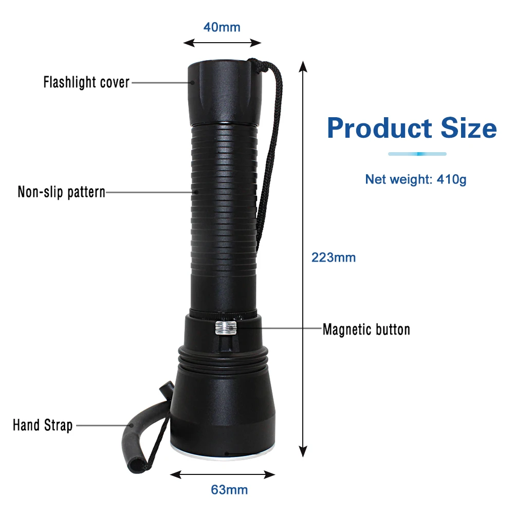 Imagem -03 - Asfee-led Mergulho Lanterna P70 com Interruptor Magnético à Prova Dágua 100m 4800lm Alcance de 500m Cordão de Mergulho