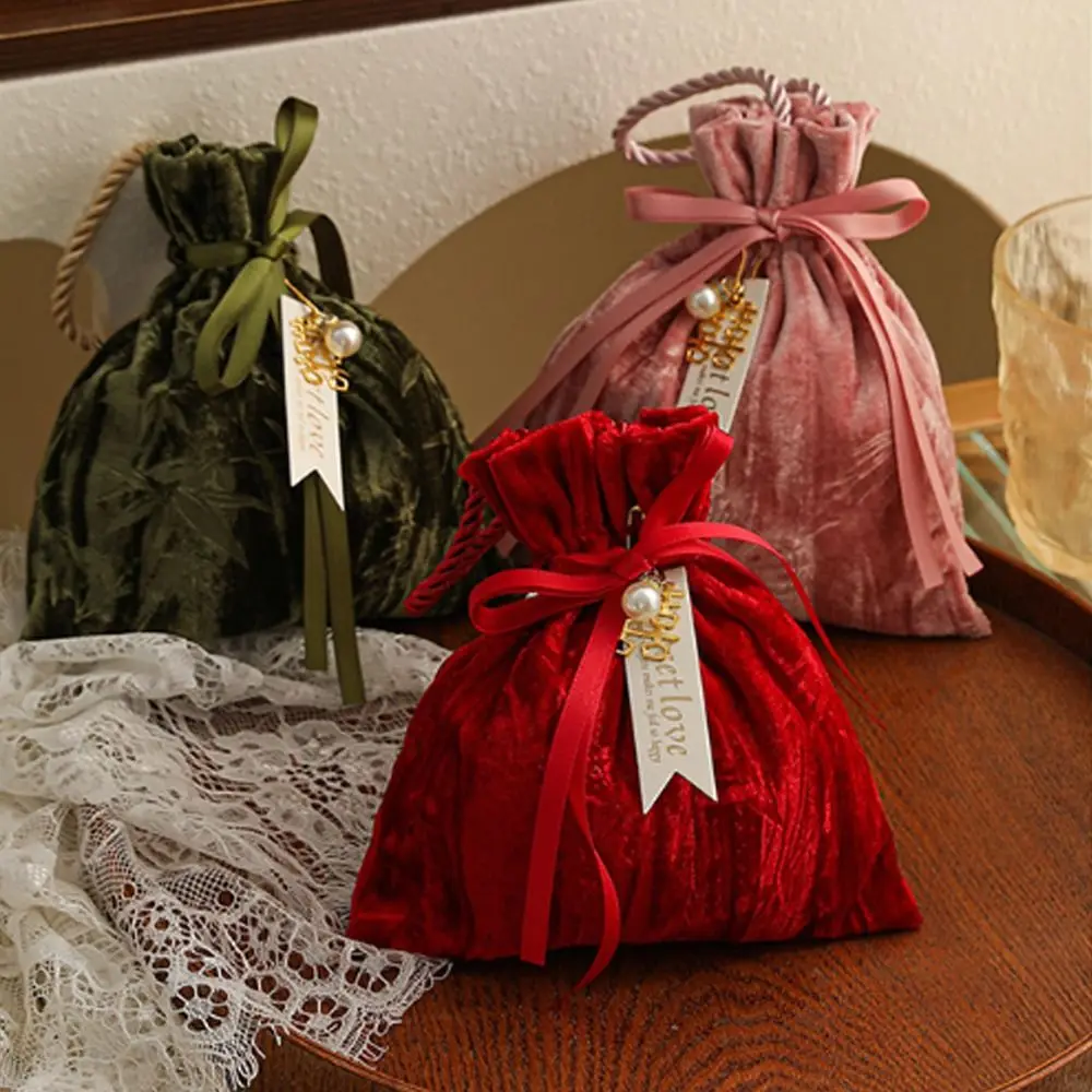 

Portable Bag Ribbon Bow Velvet Candy Box with Tassel Flower Gift Bag Handbag Dust Protect Drawstring Bag Wedding Favor