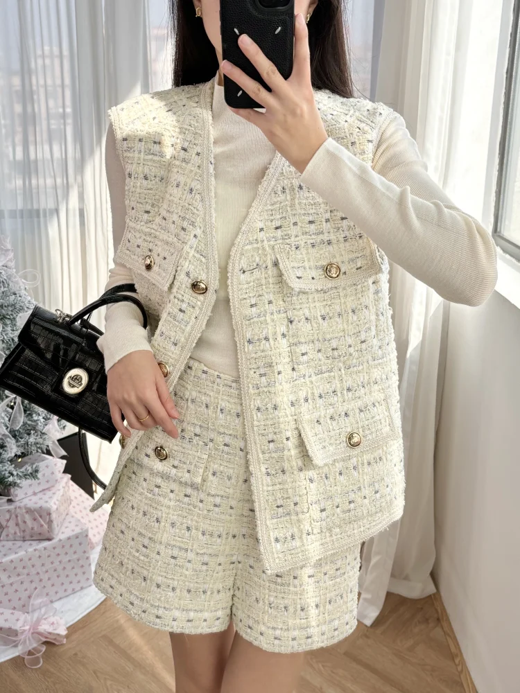 Two Piece Set for Women Rough Woolen Suit French V-neck Vest Jacket+shorts Exquisite Fashion S Home 25 Early Spring New Item