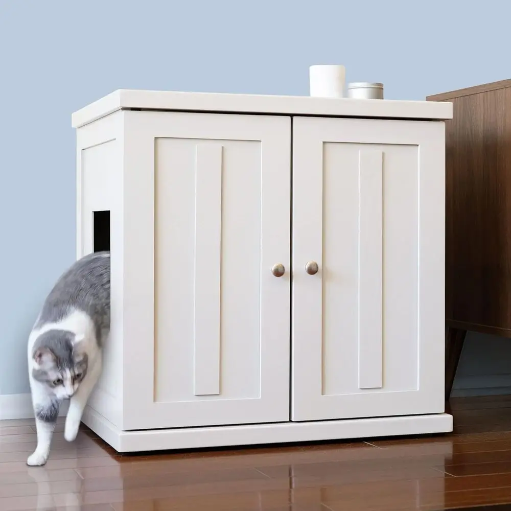 

Large White Cat Litter Box Cabinet with Adjustable Levelers and Shaker, Hidden Furniture Design
