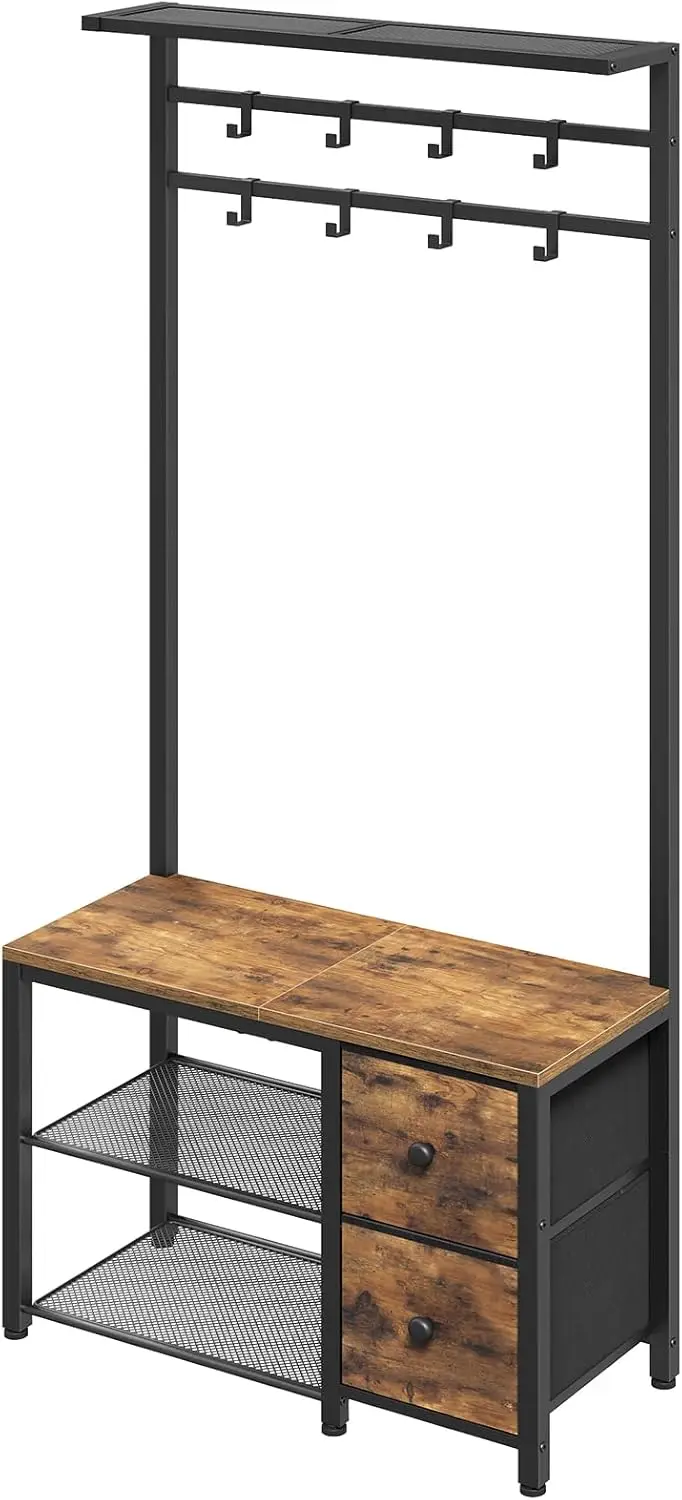 5-in-1 Hall Tree with Drawers, Industrial Entryway Bench, Adjustable Coat Rack & Shoe Storage, Rustic Brown Black MT06BR
