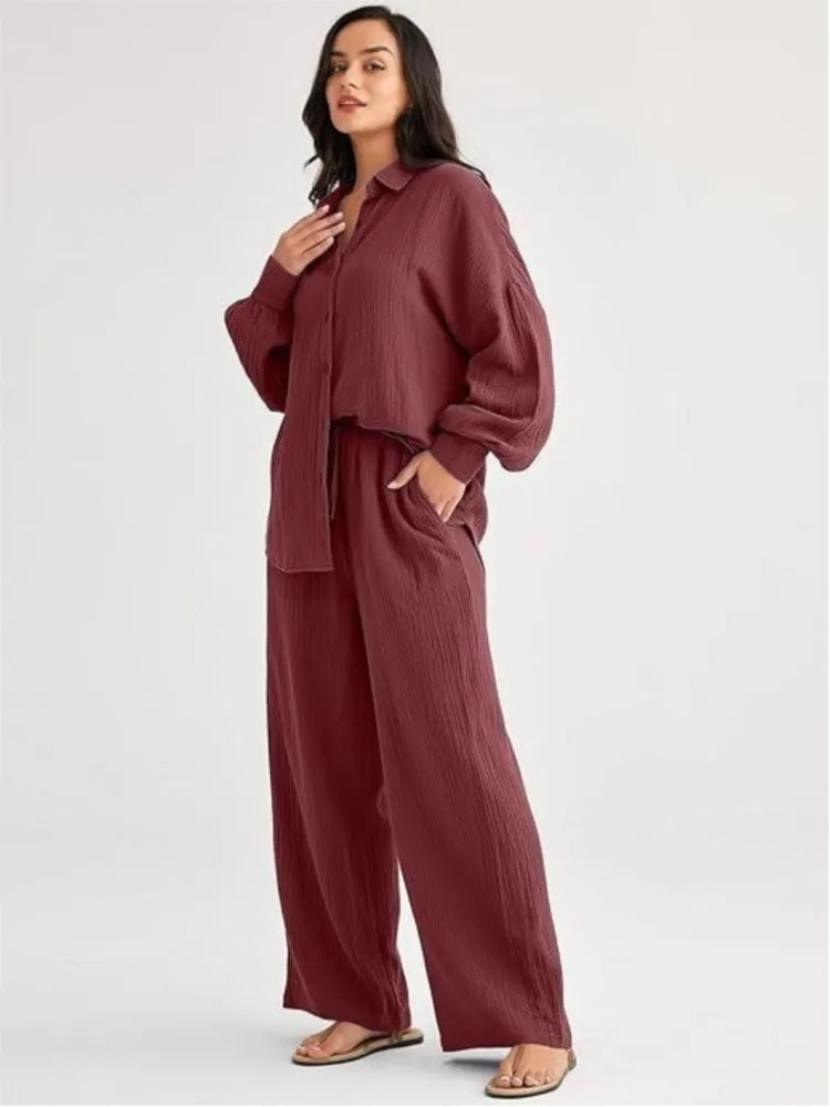 

Spring And Autumn New Fashion Cotton And Linen Loose Two-piece Sets 2025 Women's Casual Buttons Shirt + Wide-leg Pants Set Suit