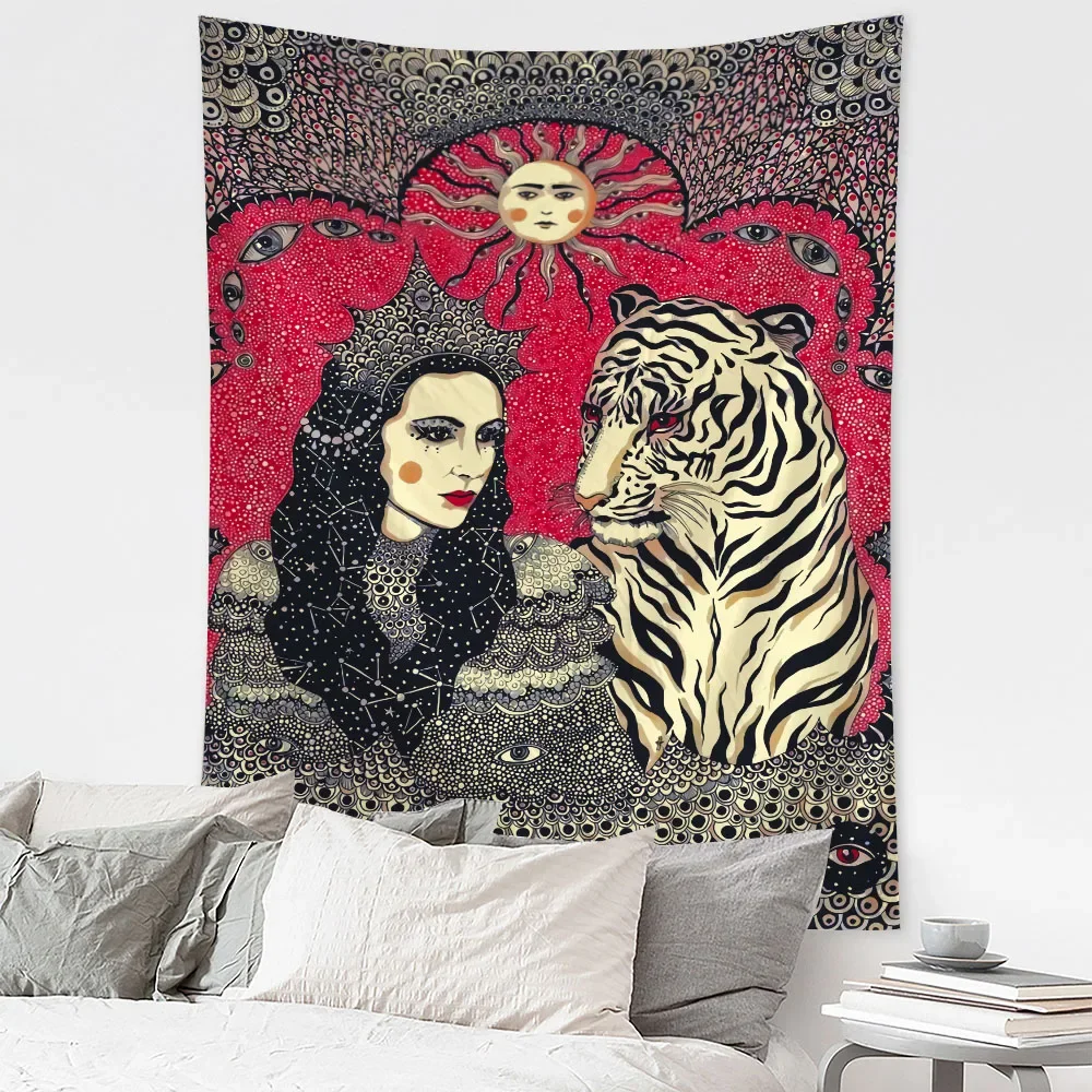 Bohemian Psychedelic Girl Tapestry with Plant & Animal Motifs Sun Moon Hippie Eye Bedroom Art Blanket for Home Wall Decoration