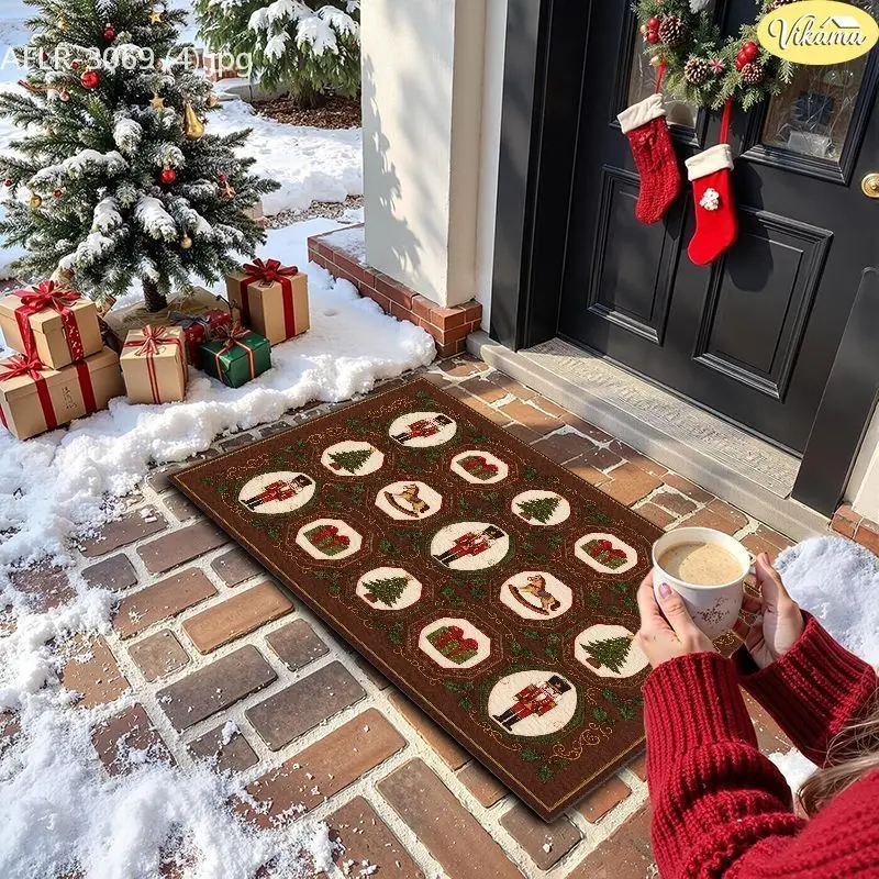 VIKAMA White Poinsettia Geometric Tile Entryway Rug Non Slip Low Profile Mats for Outside Front Door Xmas Decor Washable