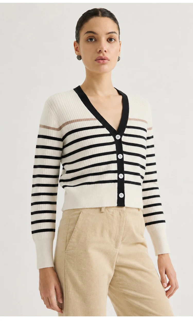 MZ62028 Damen Vintage Gestreifter V-Ausschnitt Gerippter Strick Langarm-Cardigan mit Kontrastbesatz Knopfleiste Modal-Mischung Frühherbst-Pullover – Detail 7