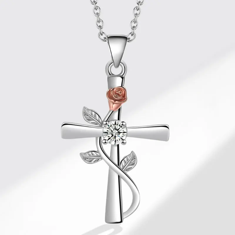 Kofsac Hot Sale Kreuz Halskette für Frauen Sterling Silber Rose Schmuck Mode Zirkon Halskette romantische Valentinstag Geschenk