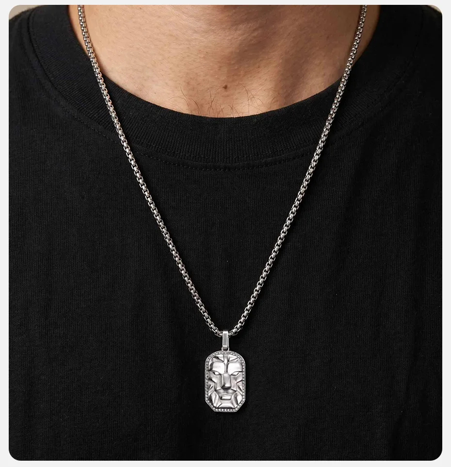 Vnox Herren 3D-Masken-Gesichts-Hundemarken-Halskette, Schwarz-Silberfarbener Edelstahl 60cm Kastenkette Hip-Hop Punk Schmuck Geschenk für Ihn – Detail 3