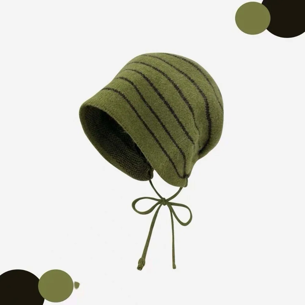 Loose Fit Striped Beanie Hat Soft Texture Thick Warm Knit Bonnet Cap Korean Style Stretchy Tie Strap Cap Urban Women