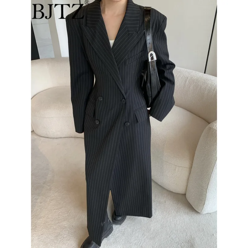

BJTZ Autumn And Winter High-end Vertical Striped Double Breasted Waist Windbreaker Women's Black Slim Fit Jacket