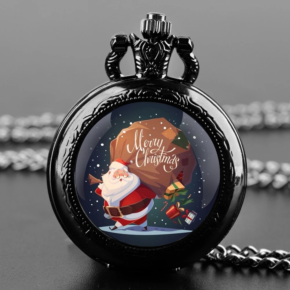 Christmas Santa Claus Glass Dome Quartz Pocket Watch With Durable Chain Arabic Numeral Dial Extraordinary Gifts for Men Kids