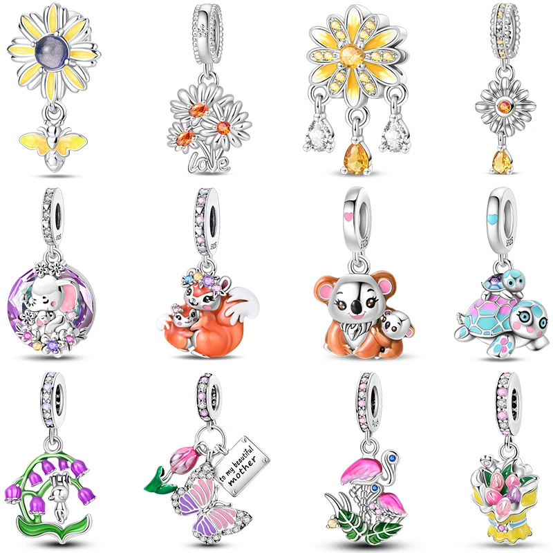 Warm 925 Sterling Silver Parent-Child Moment Shining Sunflower Bouquet Charms Beads Fit Pan Original Bracelets DIY Jewelry